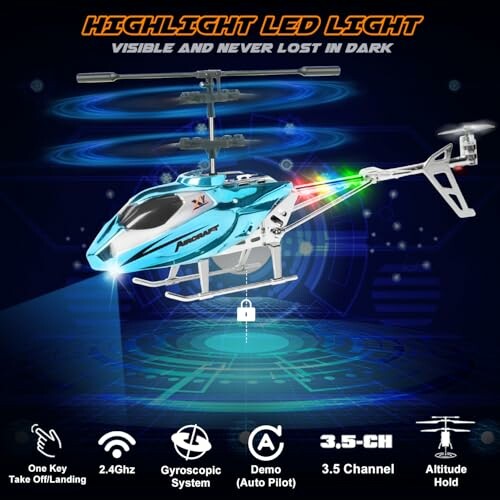 Blauwe RC helikopter met LED-licht en afstandsbediening functies