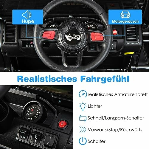 Stuurwiel en dashboard van speelgoedauto met functies