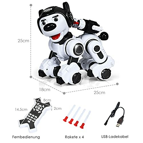 Interactieve robot hond met afstandsbediening en oplaadkabel.