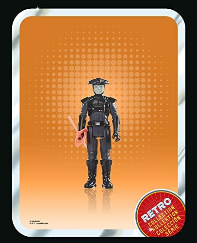 Retro actiefiguur met zwart uniform op oranje achtergrond