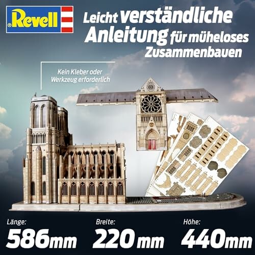 Modelbouwset van de Notre-Dame met afmetingen en onderdelen.