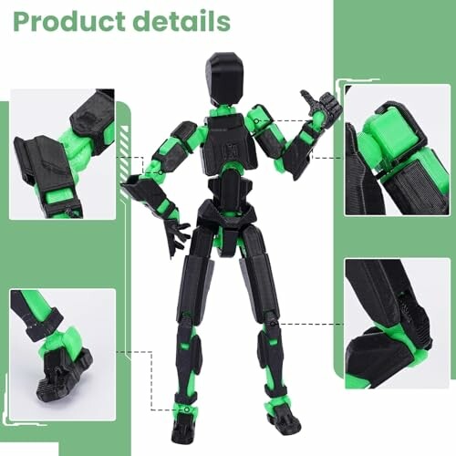 Zwart en groen robotfiguur met details van gewrichten