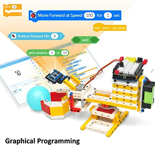 Robotics en grafische programmeerset met onderdelen en codeerinterface.