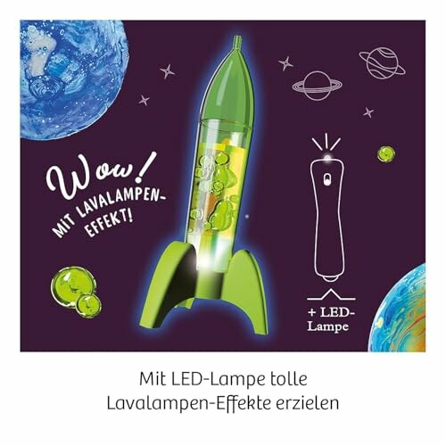 Groene raketvormige lavalamp met LED-licht en planeten op achtergrond.