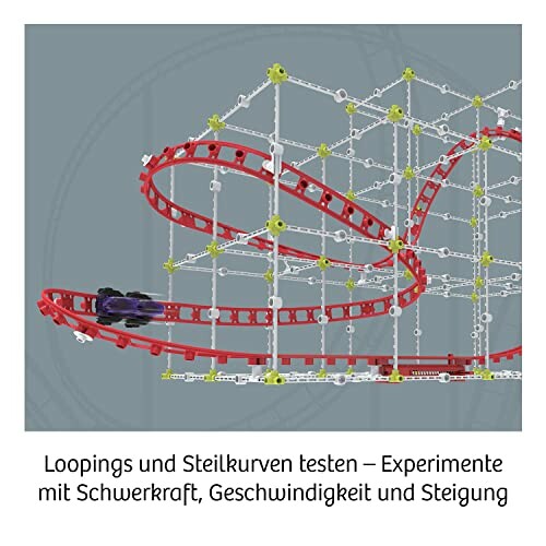 Speelgoed achtbaan bouwset met rode rails en karretje.