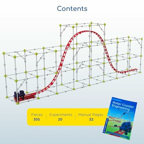 Inhoud van het rollercoaster bouwpakket met 305 stukjes en 20 experimenten.