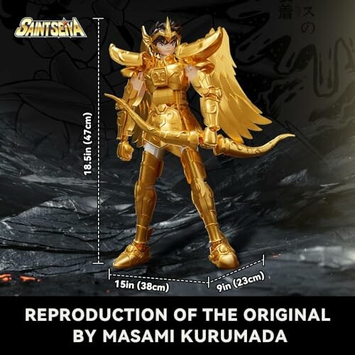 Gouden Saint Seiya actiefiguur met afmetingen.