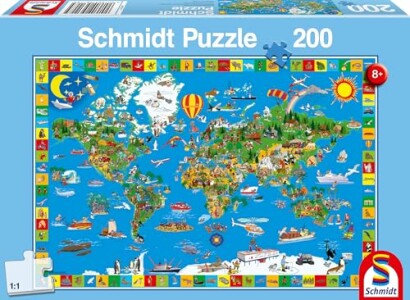 Wereldkaart puzzel met kleurrijke illustraties