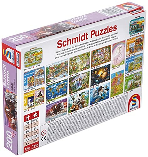 Achterkant van Schmidt puzzeldoos met afbeeldingen van verschillende puzzels