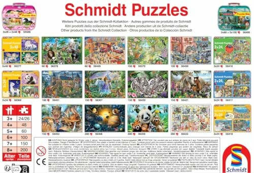 Verschillende Schmidt-puzzels met afbeeldingen van dieren en landschappen.