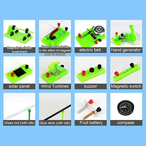 Verschillende onderdelen van een wetenschappelijk experimentenpakket, zoals magnetische zweving, elektrische bel en zonnepaneel.