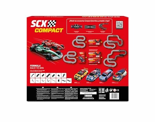 Achterkant van SCX Compact racebaan set met auto's en baanopties