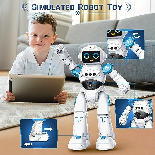 Kind met tablet en speelgoedrobot