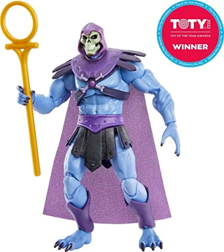 Skeletor actiefiguur met gouden staf en paarse cape.