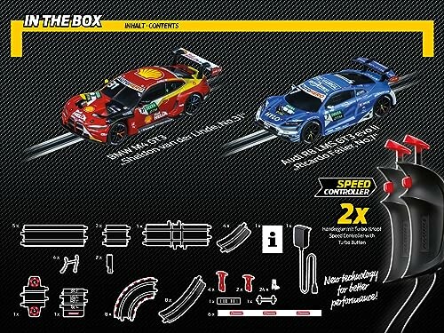 Twee raceauto's op slot racebaan met accessoires en snelheidscontroller