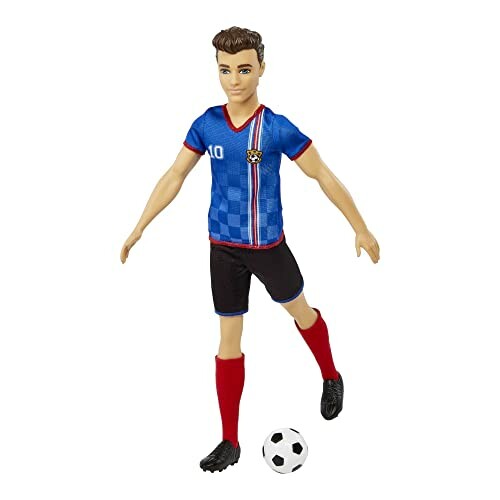 Poppenfiguur in voetbaluniform met bal