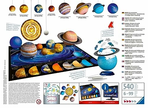 Afbeelding van een educatieve puzzel van het zonnestelsel met planeten en informatie.