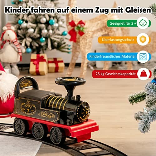 Speelgoedtrein voor kinderen met kerstversiering.