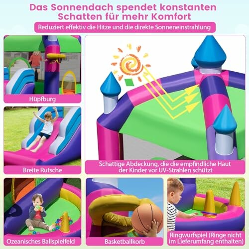 Opblaasbare speeltuin met verschillende activiteiten voor kinderen.