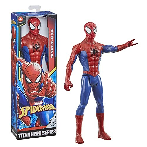 Spiderman actiefiguur naast zijn doos.