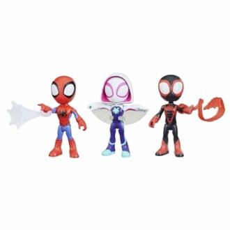 Drie Spider-Man actiefiguren in verschillende kostuums