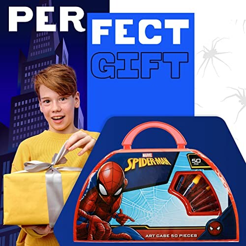 Kind met Spiderman tekendoos en cadeau