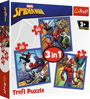 Spider-Man puzzelset van Trefl met drie afbeeldingen, geschikt voor 3+ jaar.