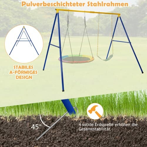 Stalen schommel met A-vormig ontwerp en grondankers voor stabiliteit.