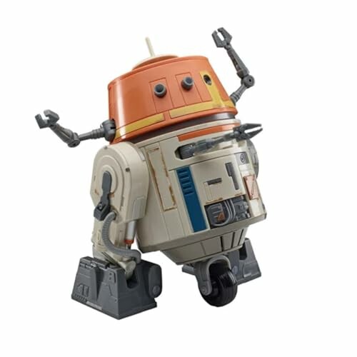 Speelgoedrobot uit Star Wars met oranje en witte kleuren.