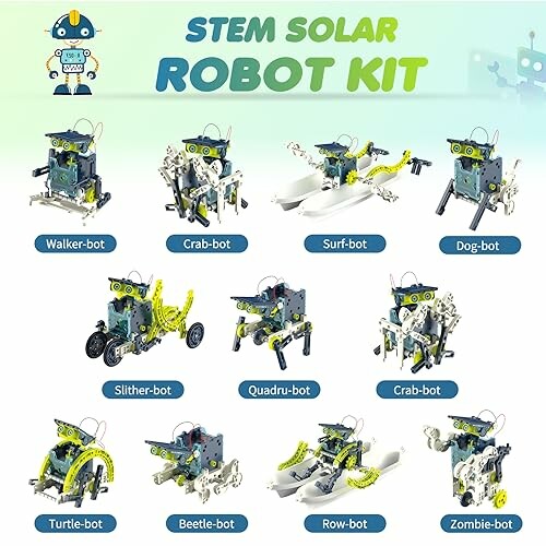 Afbeelding van verschillende soorten robotmodellen uit een STEM zonne-energie robot kit