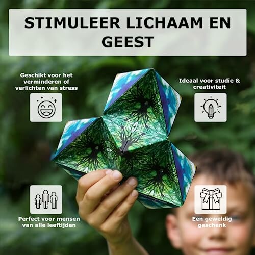 Kind houdt kleurrijke geometrische puzzel vast.