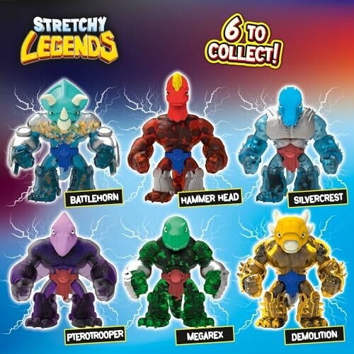 Zes verzamelbare Stretchy Legends figuren met namen.