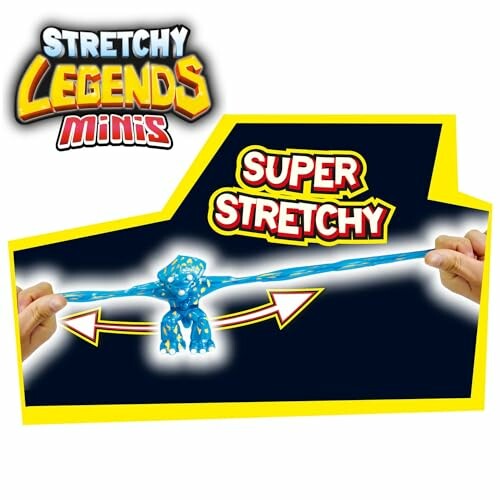 Verpakking van Stretchy Legends Minis met speelgoed dat uitgerekt wordt.