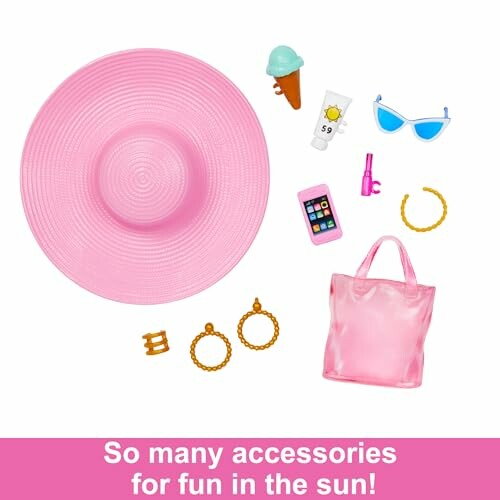 Zomeraccessoires met hoed, ijsje, zonnebrandcrème, zonnebril, telefoon, lippenstift, tas en sieraden.