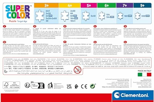Achterkant van de Clementoni Super Color puzzeldoos met puzzelstuk aantallen en leeftijdscategorieën.