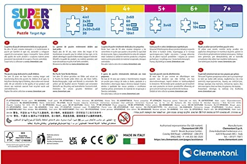 Achterkant van Clementoni Super Color puzzeldoos met leeftijdscategorieën en stuknummers.