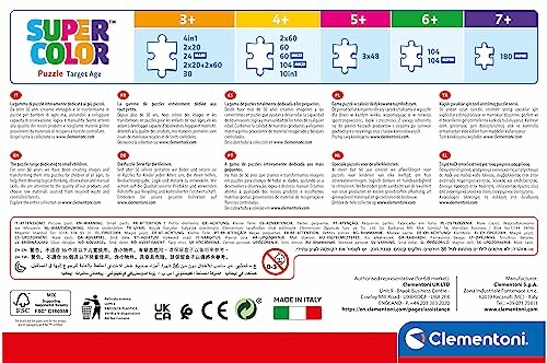 Achterkant van Clementoni Super Color puzzelverpakking met leeftijdscategorieën en waarschuwingen.