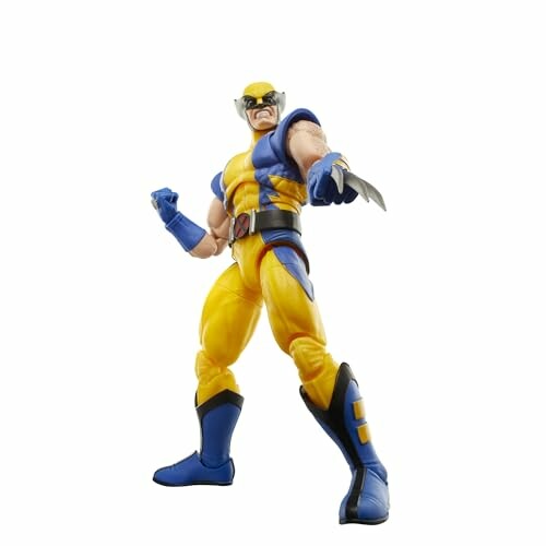 Actiefiguur van een superheld met klauwen in gele en blauwe outfit