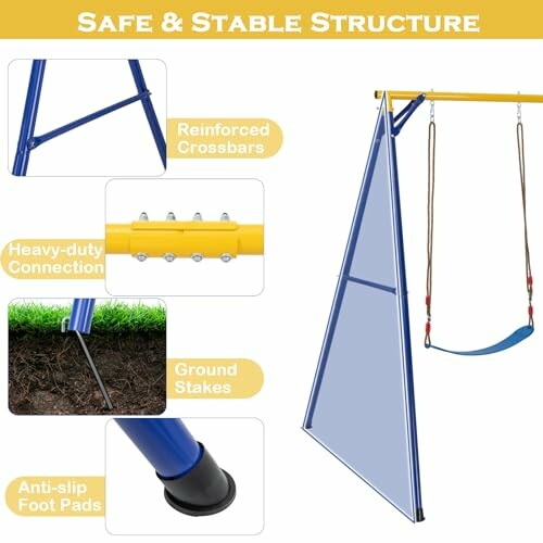 Veilige en stabiele structuur van schommelset met versterkte dwarsbalken, zware verbinding, grondpinnen en antislip voetkussens.