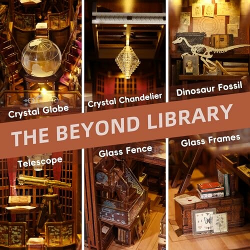 Verschillende items in de Beyond Library, waaronder een kristallen bol, kroonluchter, dinosaurus fossiel en telescoop.