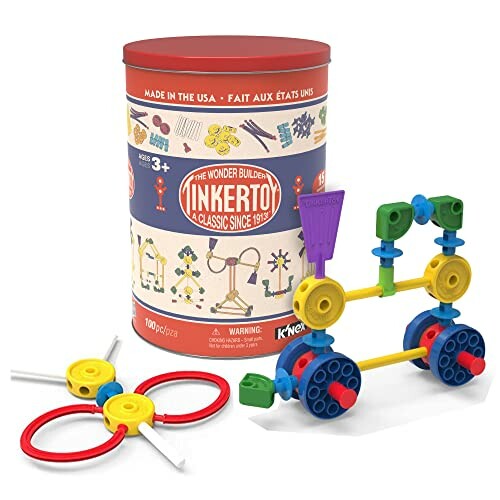 Tinkertoy bouwset met onderdelen en voorbeelden