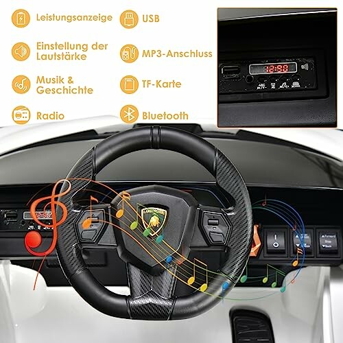 Speelgoedauto dashboard met muziek- en volumeregeling