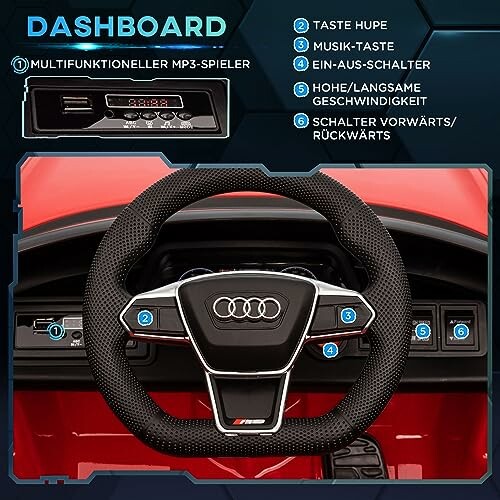 Dashboard van speelgoedauto met stuur en knoppen