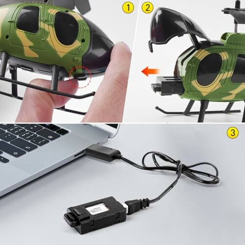 Groene speelgoedhelikopter opladen met USB-kabel