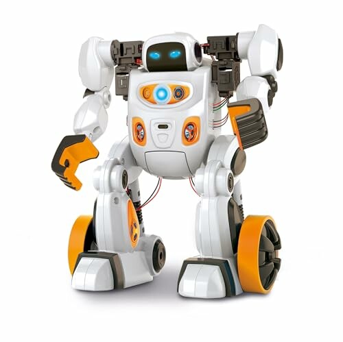 Speelgoedrobot met wielen en oranje accenten