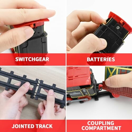 Montage van speelgoedtrein met schakelaar, batterijen, rails en koppeling