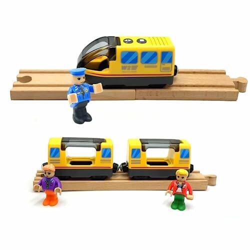 Speelgoedtrein met poppetjes en houten spoor