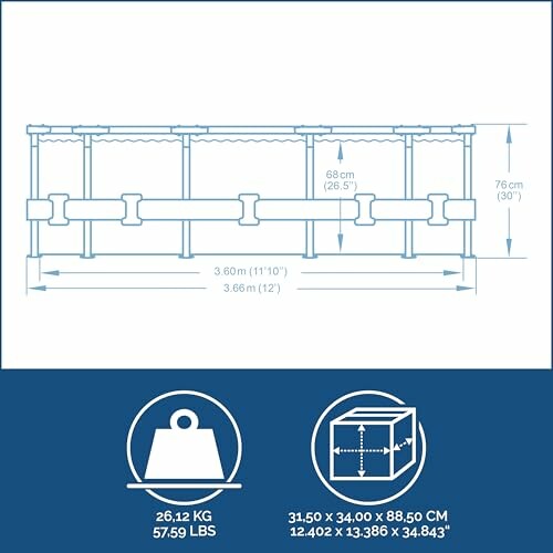 Diagram van trampoline met afmetingen en gewicht