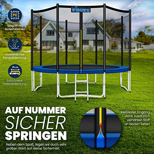 Trampoline met veiligheidsnet in een tuin