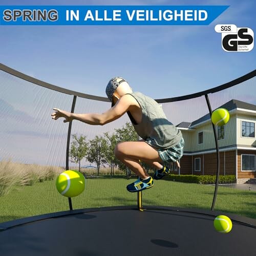 Persoon springt op trampoline met veiligheidsnet.